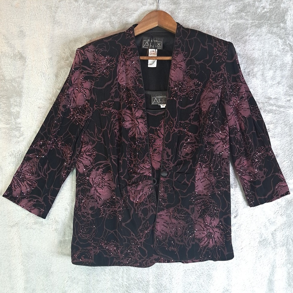 Alex Evenings 1X Twinset Jacket Tank Set Plus Plum Purple Floral Glitter Formal
